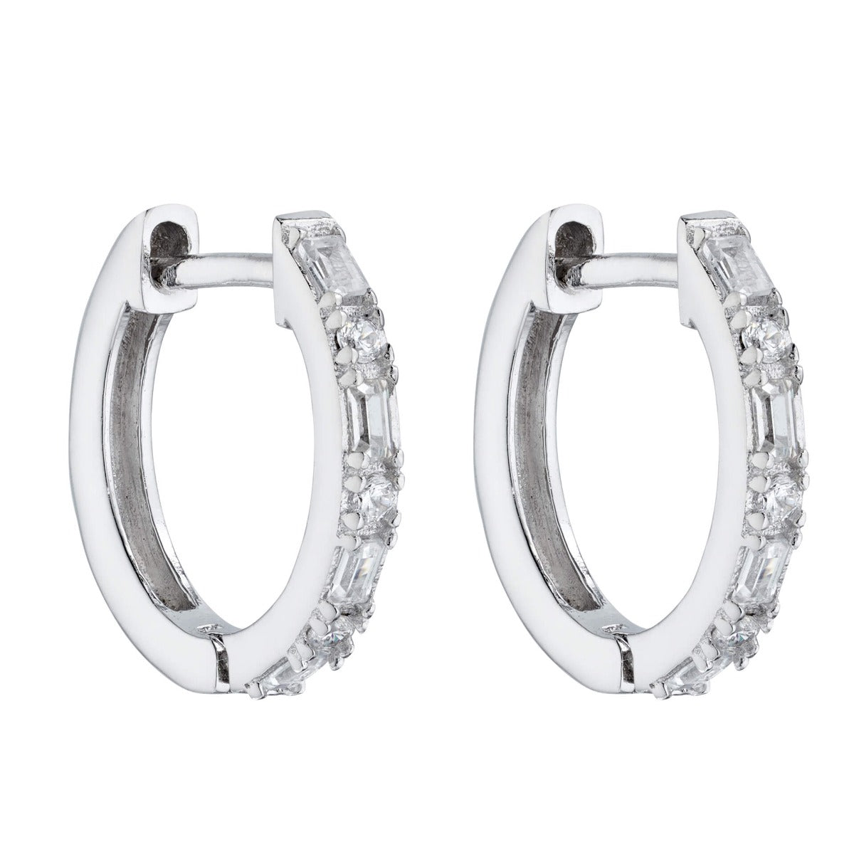 Beginnings Hinged Hoop Earrings with Baguette and Round Cut Cubic Zirconia 15mm