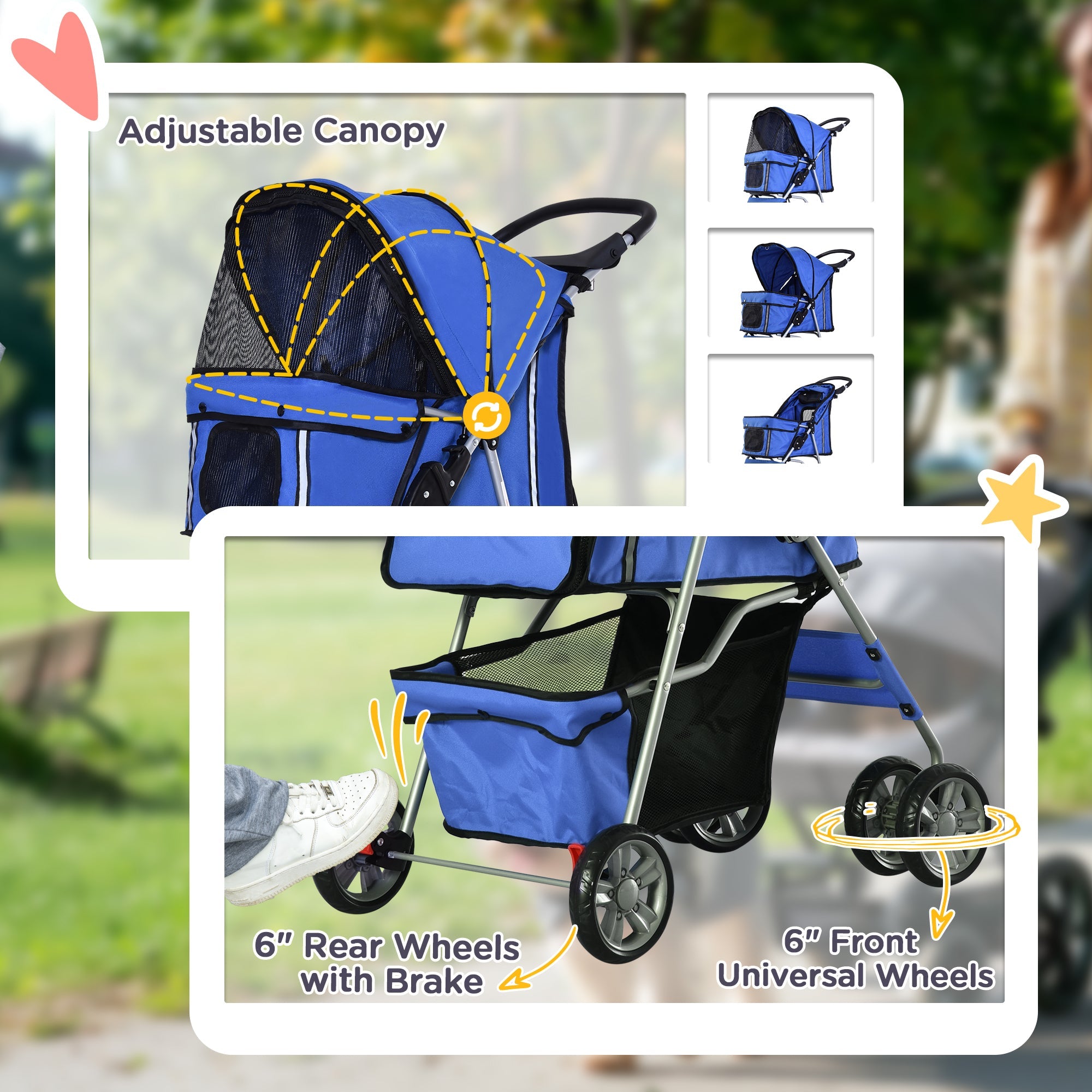 PawHut Pet Stroller for Small Miniature Dogs Cats Foldable Travel Carriage with Wheels Zipper Entry Cup Holder Storage Basket Blue
