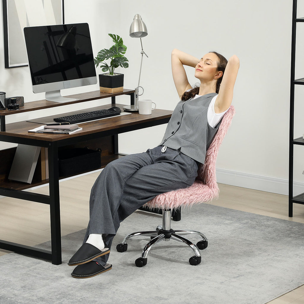 HOMCOM Plush Office Desk Chair, Modern Armless Swivel Vanity Chair with Adjustable Height for Home Office, Bedroom, Living Room, Pink