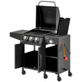 Outsunny 3+1 Burner Gas BBQ Grill with Storage Cabinet and Shelves, 11.6 kW Gas Barbecue Trolley with 6 Castor Wheels, Warming Rack, Thermometer for Outdoor Cooking Garden Party, Black