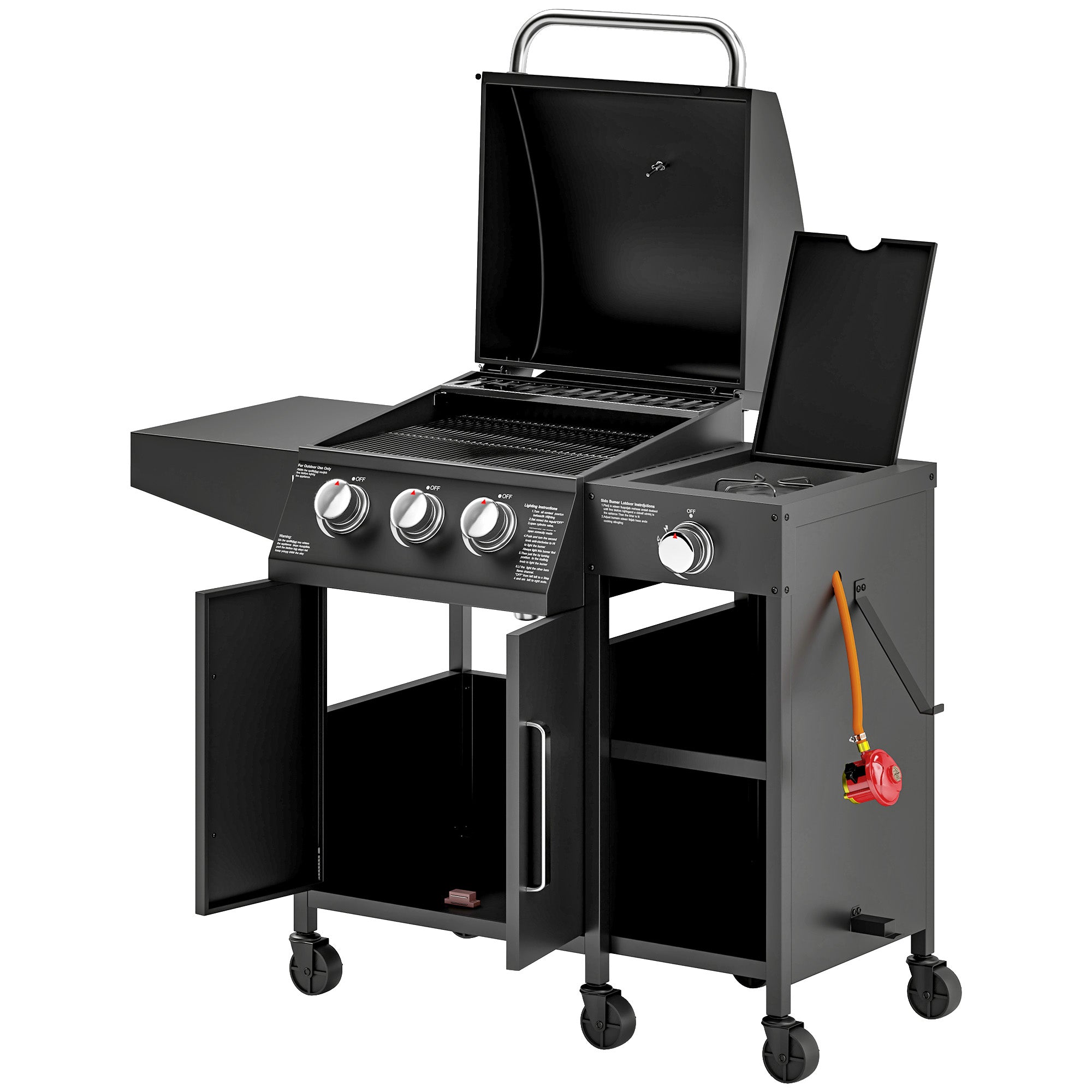 Outsunny 3+1 Burner Gas BBQ Grill with Storage Cabinet and Shelves, 11.6 kW Gas Barbecue Trolley with 6 Castor Wheels, Warming Rack, Thermometer for Outdoor Cooking Garden Party, Black