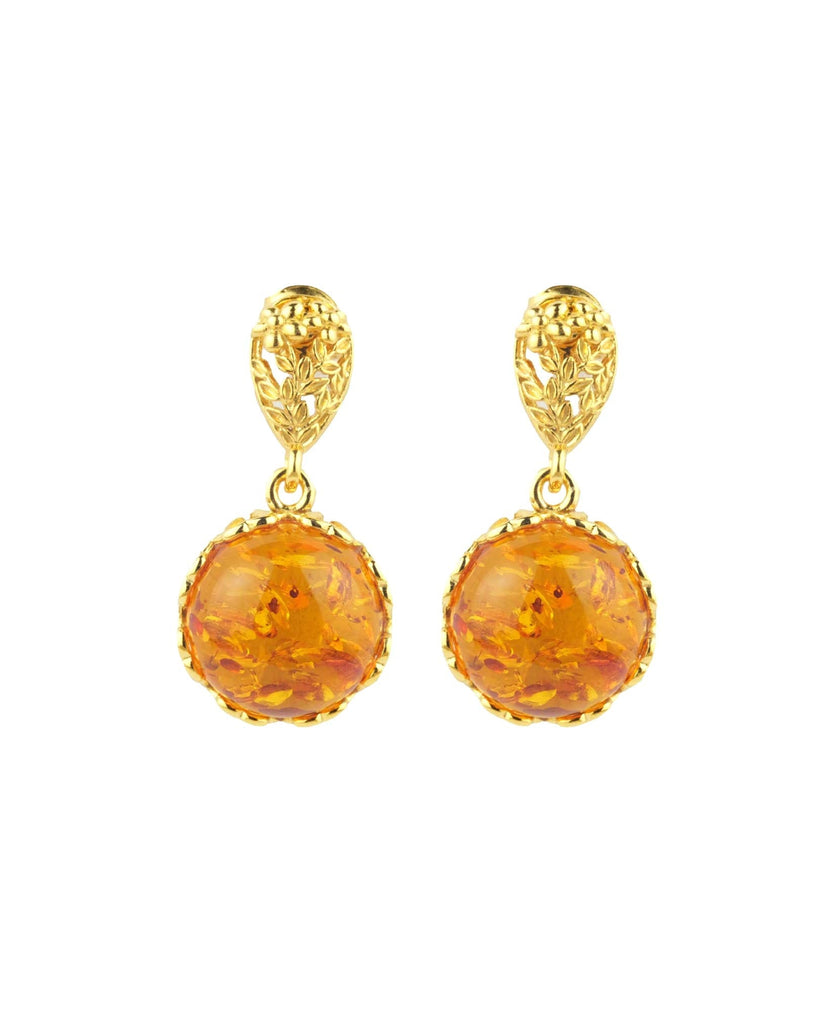 Pendientes colgantes de ámbar con detalle floral dorado