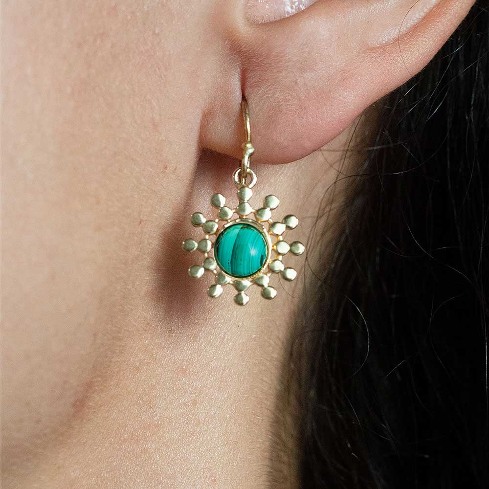 Etrusca Gold Sun Drop Earrings: Malachite