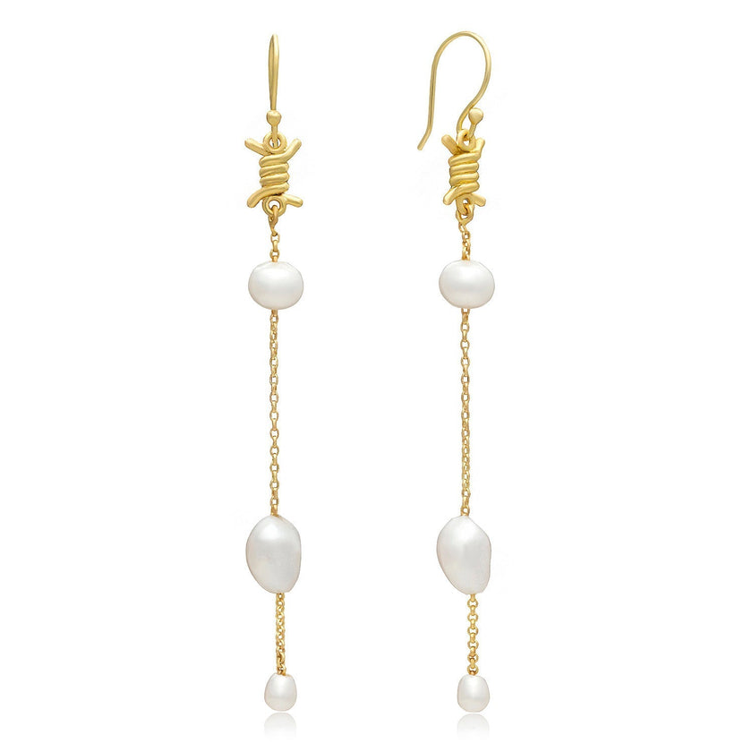 Eva Long Drop Pearl & Barbed Wire Earrings