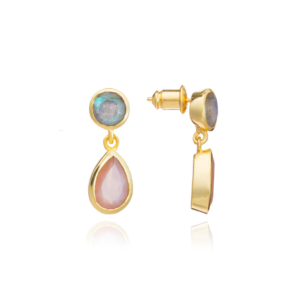Gold Double Gemstone Drop Earrings with Peach Moonstone & Labradorite
