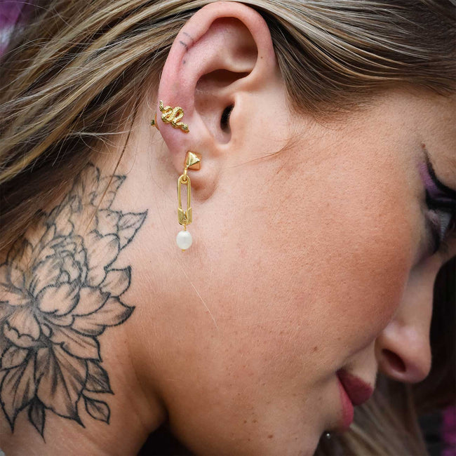 Kati Safety Pin Stud & Drop Pearl Earrings