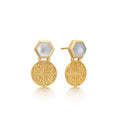 Thea Hexagon Gemstone Stud Earrings with Ornate Coins:  Mother of Pearl with Crystal