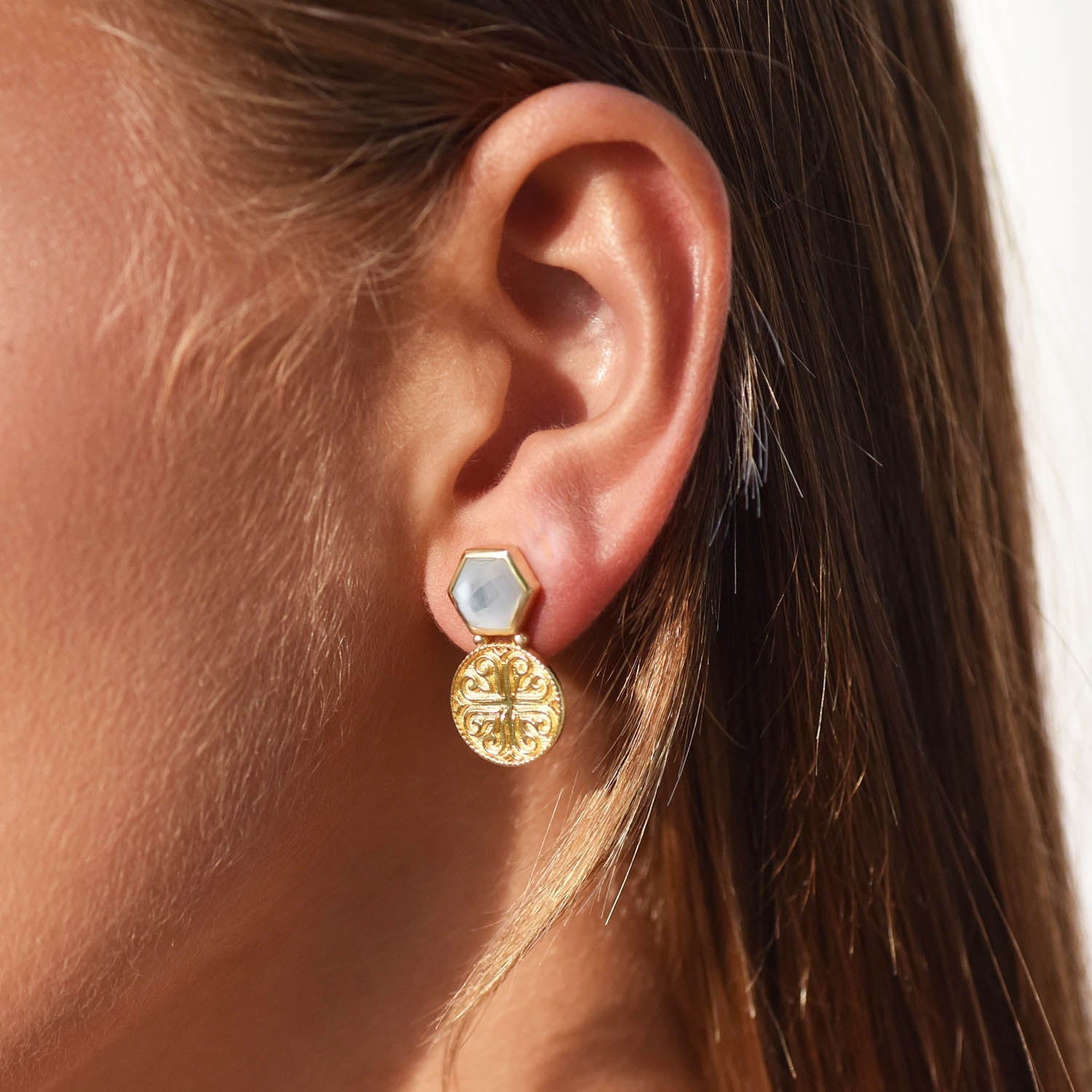 Thea Hexagon Ornate Coins Stud Earrings: Peach Moonstone