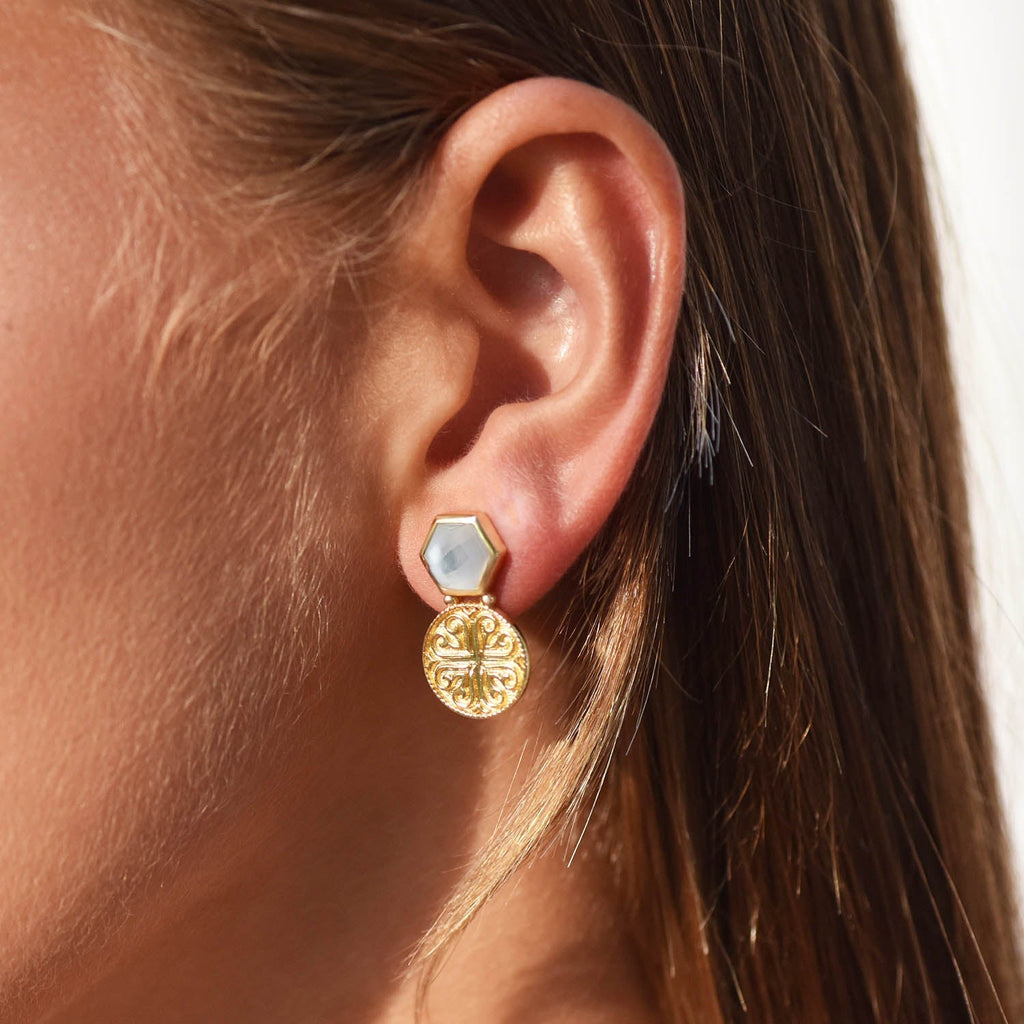 Thea Hexagon Gemstone Stud Earrings with Ornate Coins:  Mother of Pearl with Crystal