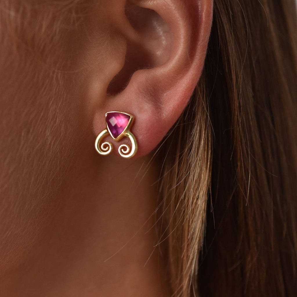 Trillion Doublet and Scroll Studs: Pyrite with Rhodolite Quartz