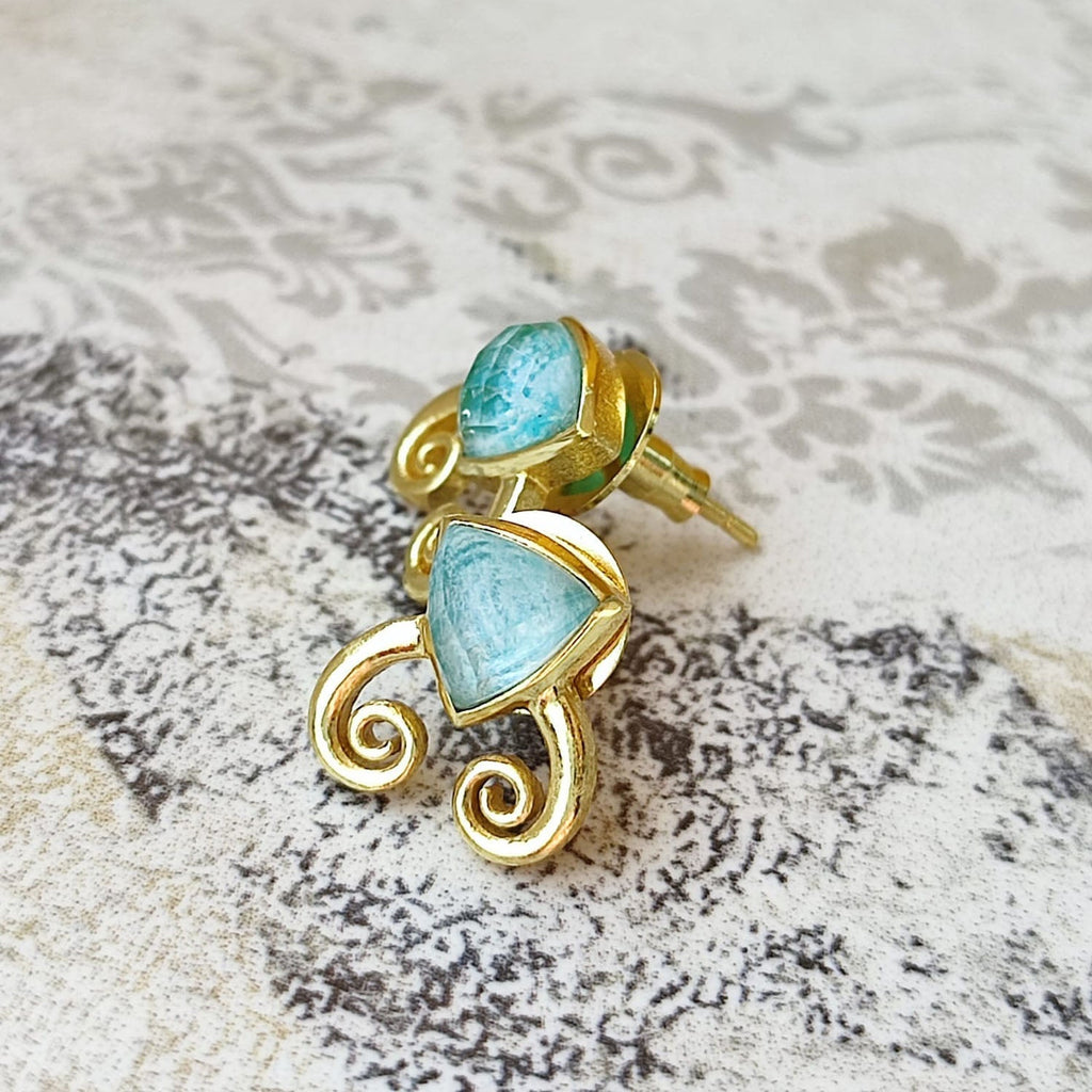 Trillion Doublet and Scroll Studs: Amazonite with Crystal