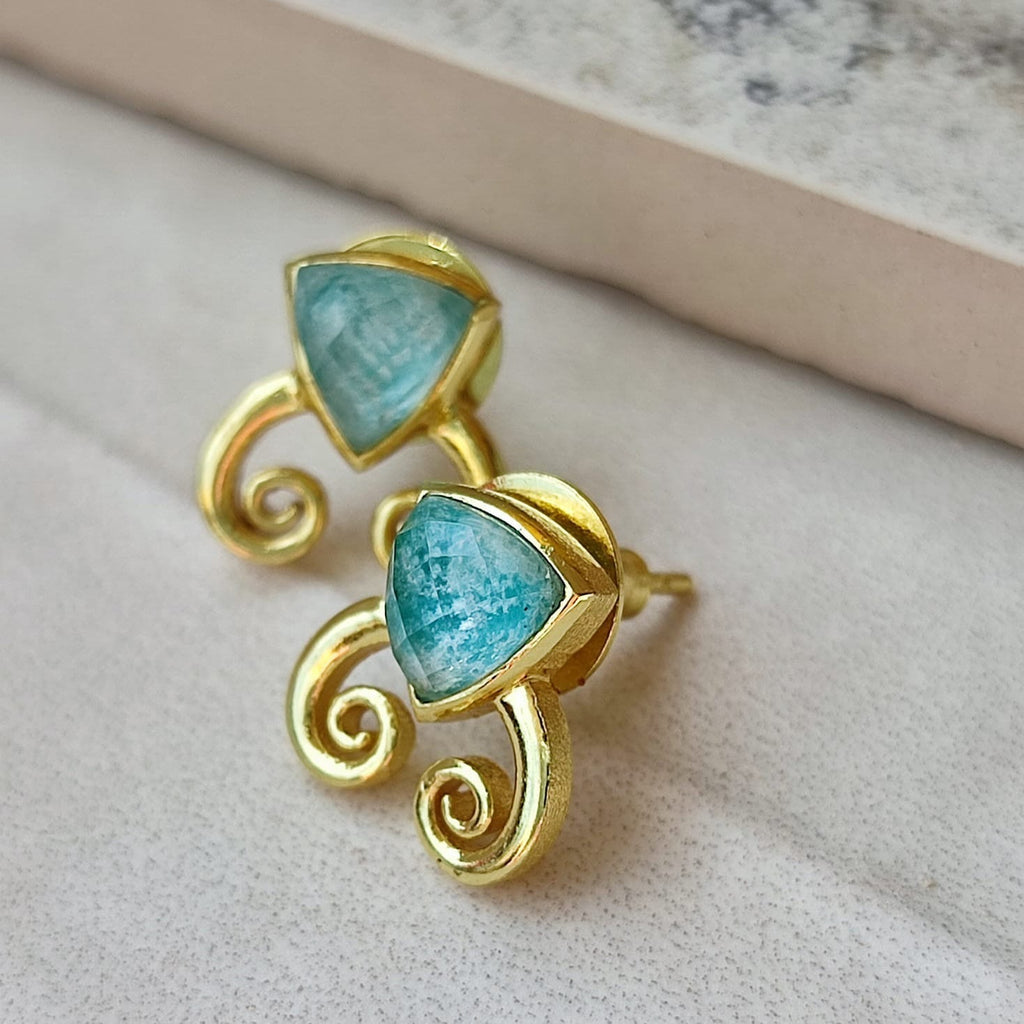 Trillion Doublet and Scroll Studs: Amazonite with Crystal