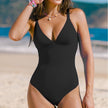 Nuevo traje de baño de estilo europeo y americano, de color liso y cuello en V, mono ajustado que realza la figura para mujer.