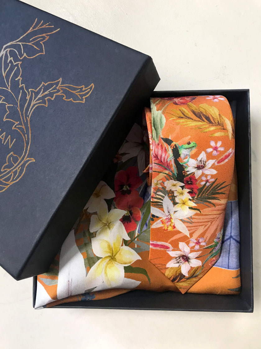 Rust Luxury Silk Pocket Square and tie in Gift set in box, 'Eden' design formal wear for weddings or groomsmen gift