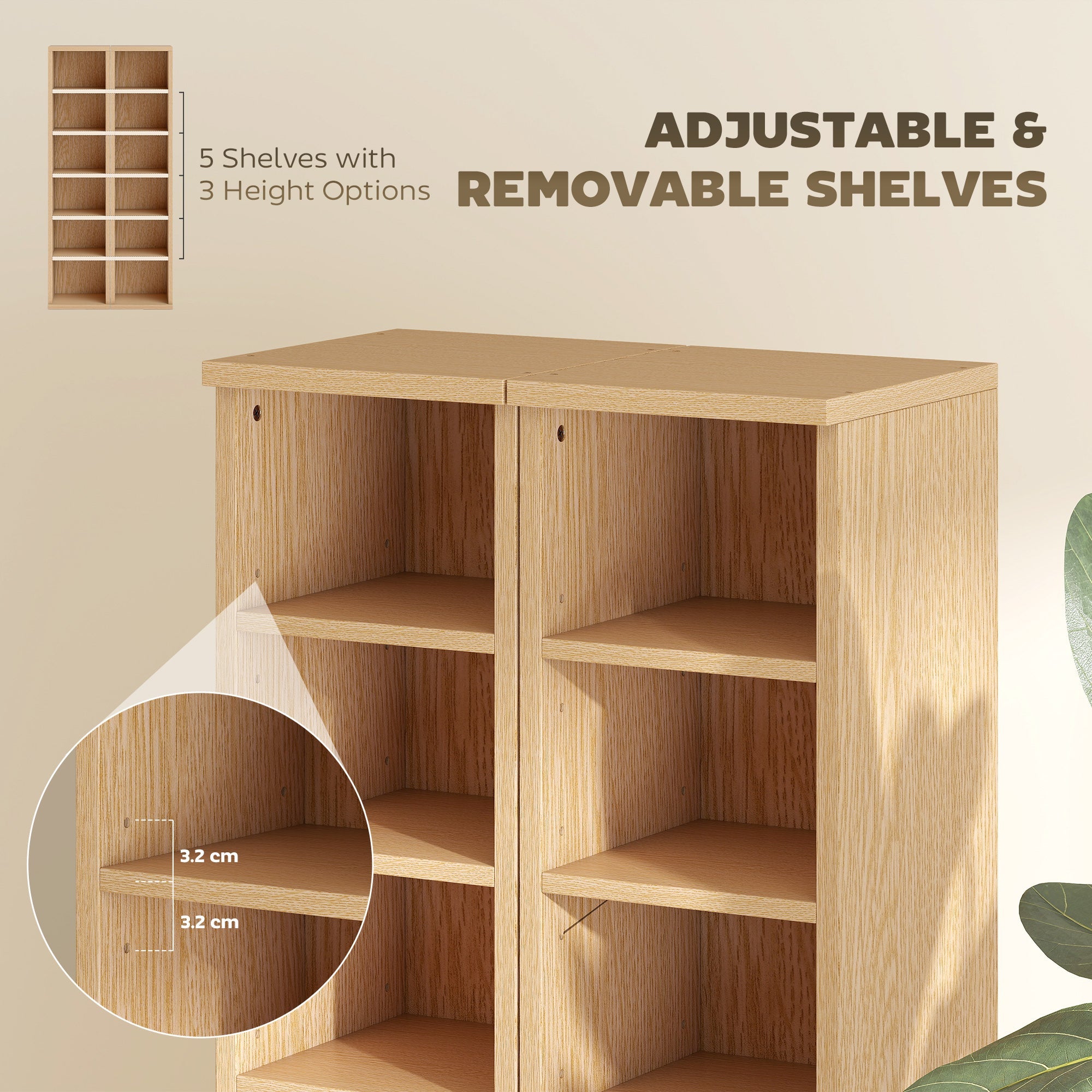 HOMCOM Set of 2 CD Media Display Shelf Unit Tower Rack with Adjustable Shelves, Natural