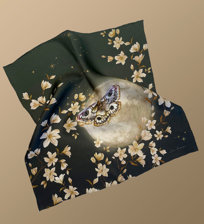 Green floral Silk Pocket Square and Bow tie in 'Forest' moth print