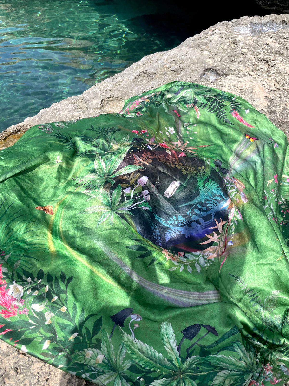Large green silk scarf with mushroom and crystal, magical ‘Evissa’ print
