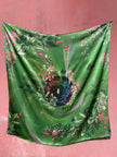 Large green silk scarf with mushroom and crystal, magical ‘Evissa’ print