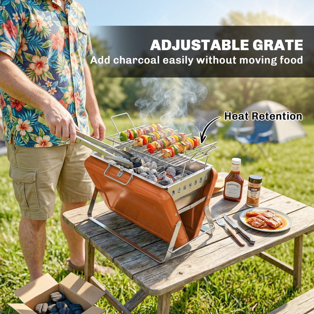 Outsunny Charcoal BBQ Grill Portable Stainless Steel Barbecue with Tilting Grate for Camping Picnic Garden Orange