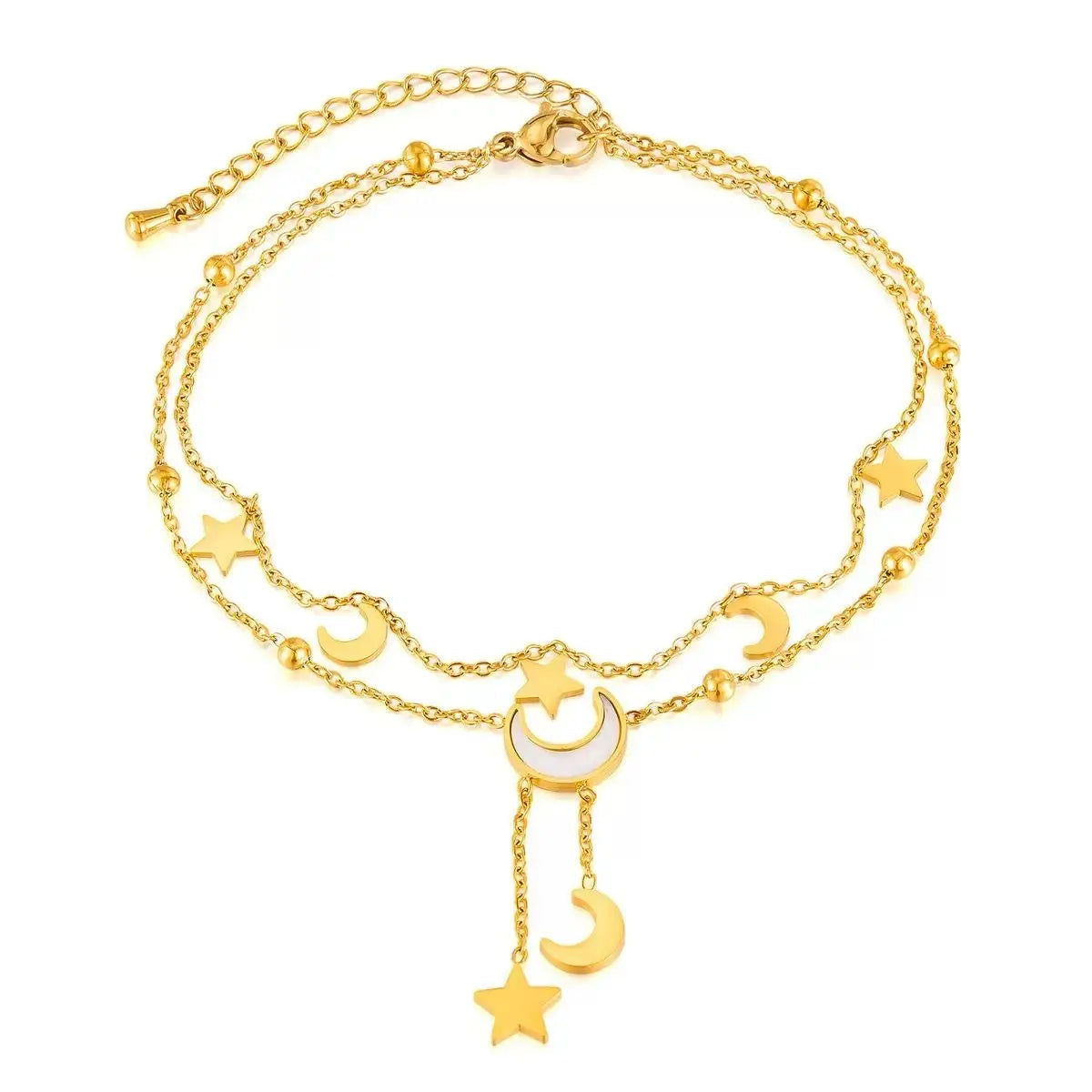 Tobillera Cassia Luxe de oro de 18k de doble capa celestial con luna y estrella