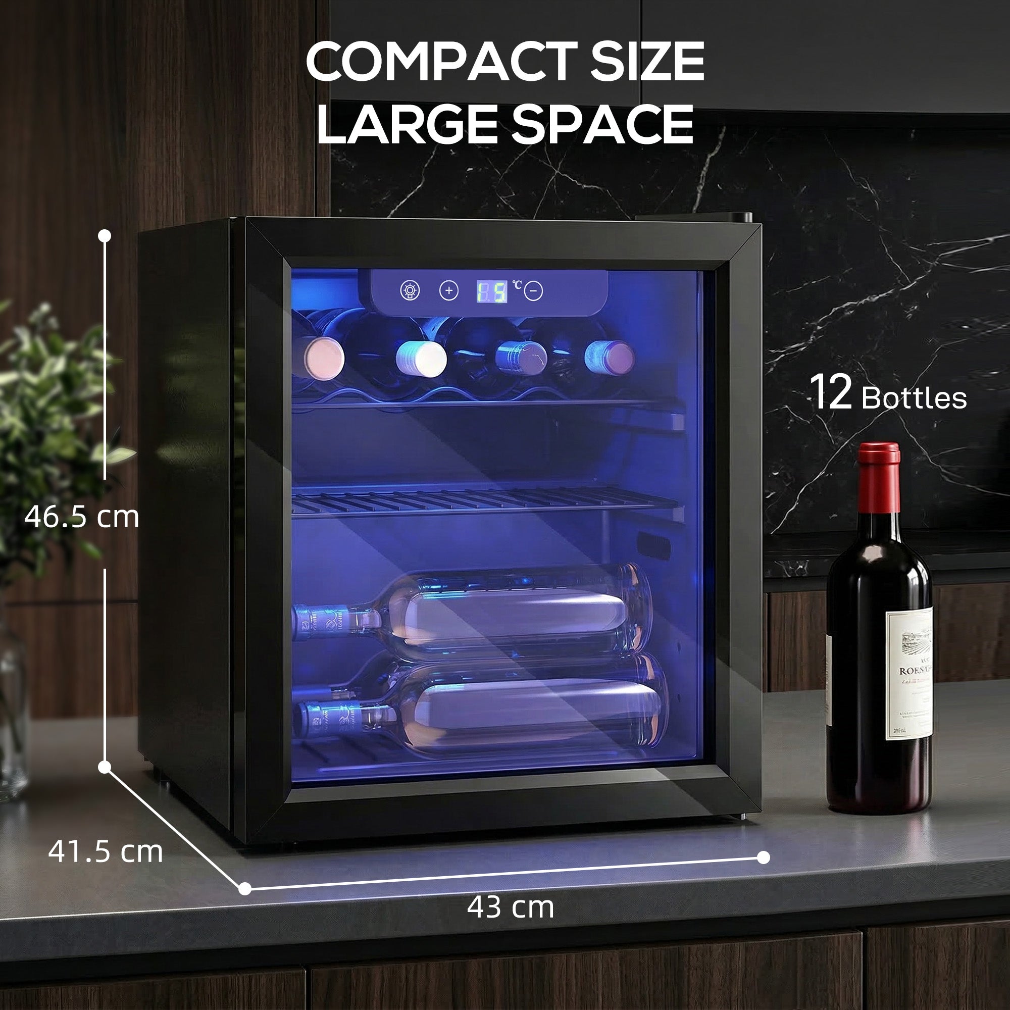 HOMCOM 12 Bottle Wine Cooler, 36 Litre Capacity, 4-16°C Under Counter Drinks Beer Wine Fridge with Glass Door, LED Light, Black