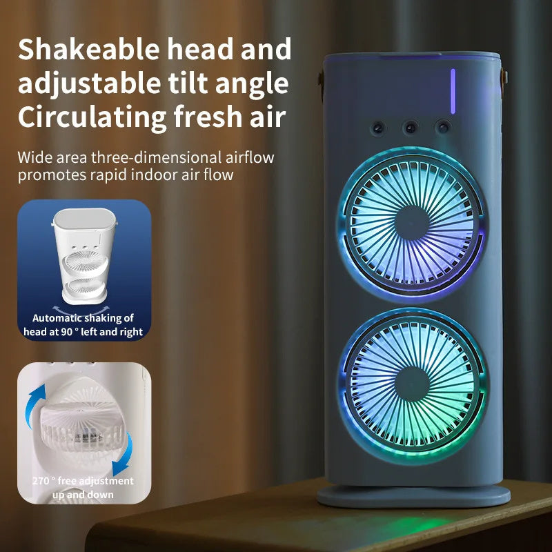 Ventilador de doble cabezal con pulverizador, humidificador portátil, ventilador de aire acondicionado, pequeño enfriador de aire doméstico, ajuste de aire portátil por hidrorefrigeración