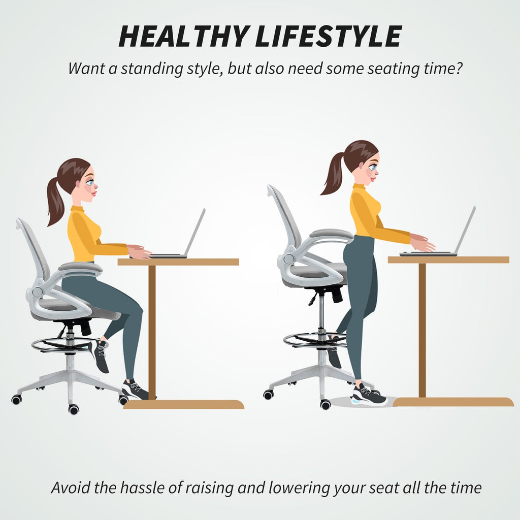Vinsetto Drafting Chair with Flip-up Armrest, Mesh Office Stool with Foot Ring, 360° Swivel Height Adjustable Chair for Standing Desk, Light Grey