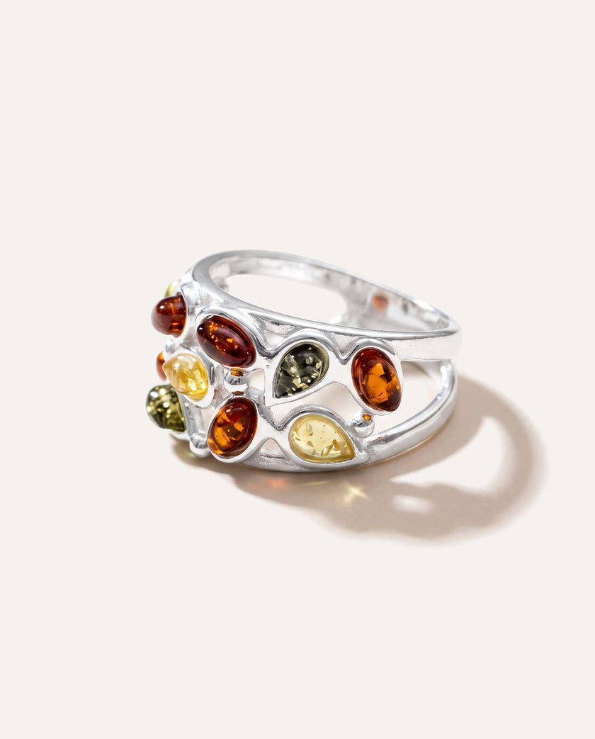 Floral Multicolour Amber Cuff Ring