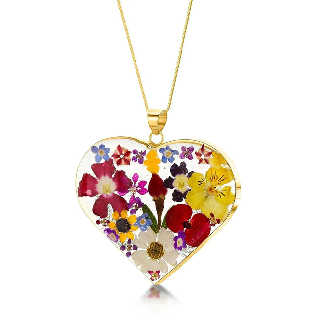 Mixed Flower Heart Pendant Necklace - Gold plated Silver