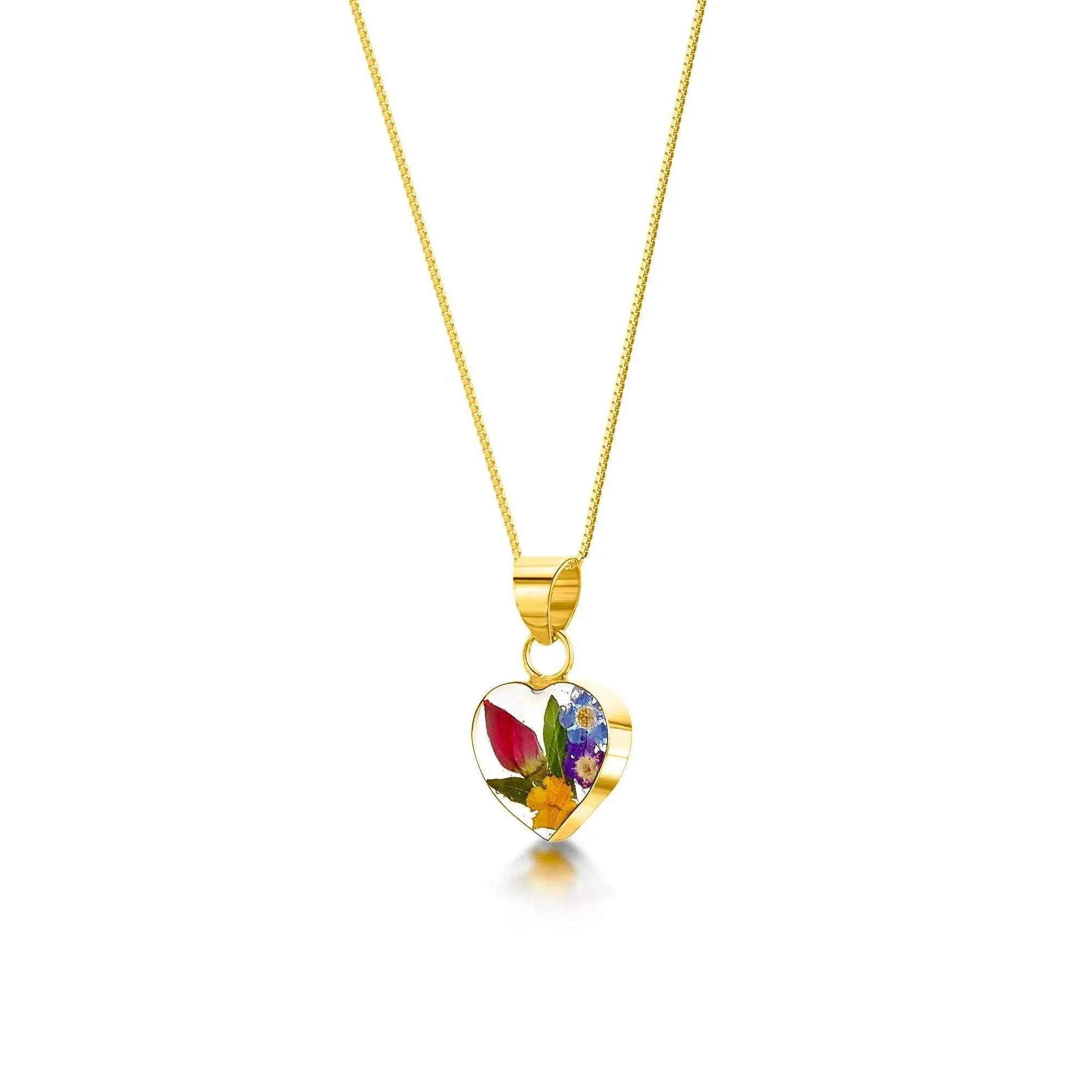 Mixed Flower Small Heart Pendant Necklace - Gold plated Silver