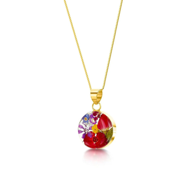 Mixed Flower Round Pendant Necklace - Gold plated Silver