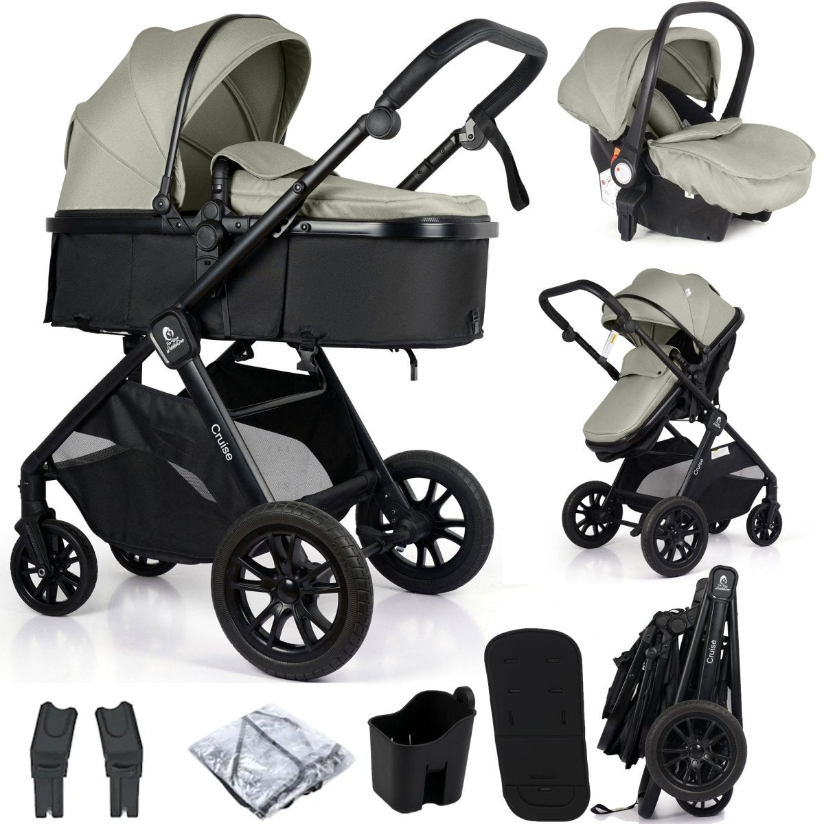 For Your Little One Cruise 3 In 1 Travel System With i-Size Car Seat - Pebble Sage (Free Cupholder And Seat Liner Included!)