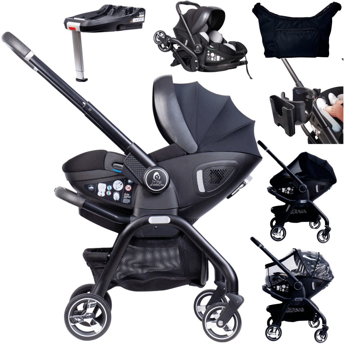 For Your Little One Qubi Infant Car Seat & Stroller 7 Piece Bundle - Eclipse Black