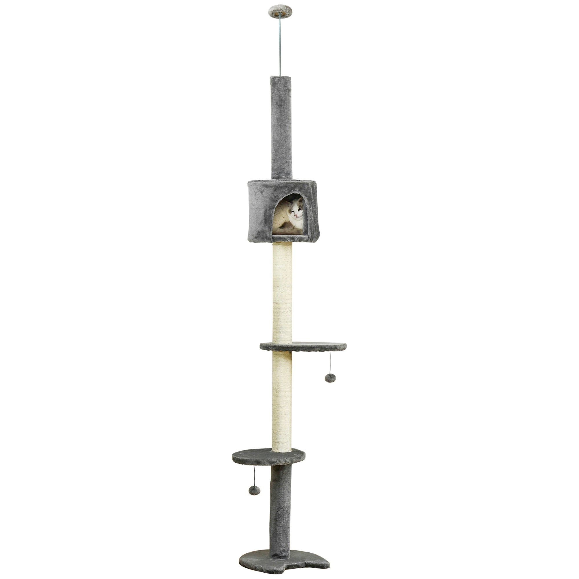 PawHut Floor to Ceiling Cat Tree for Indoor Cats, Kitten Tower, Condo, Multi-Layer Activity Center, Indoor Pet Play House with Solid Scratching Post Hanging Balls, Light Grey