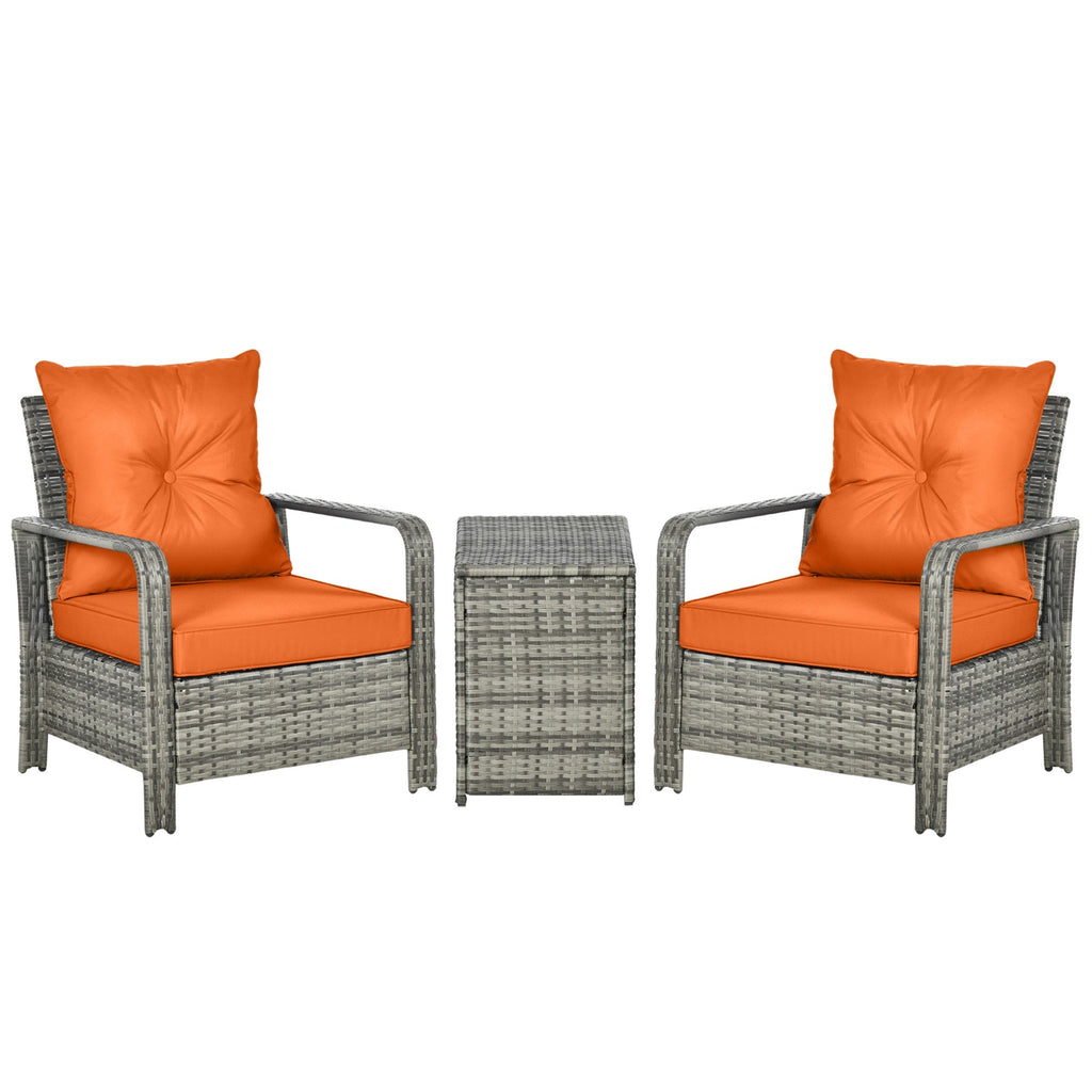 Outsunny 3 Pieces Rattan Bistro Set, Wicker Garden Furniture Set with Storage  Coffee Table and Chairs, Thickened Cushions for Outdoor, Patio, Balcony, Orange