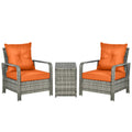 Outsunny 3 Pieces Rattan Bistro Set, Wicker Garden Furniture Set with Storage  Coffee Table and Chairs, Thickened Cushions for Outdoor, Patio, Balcony, Orange