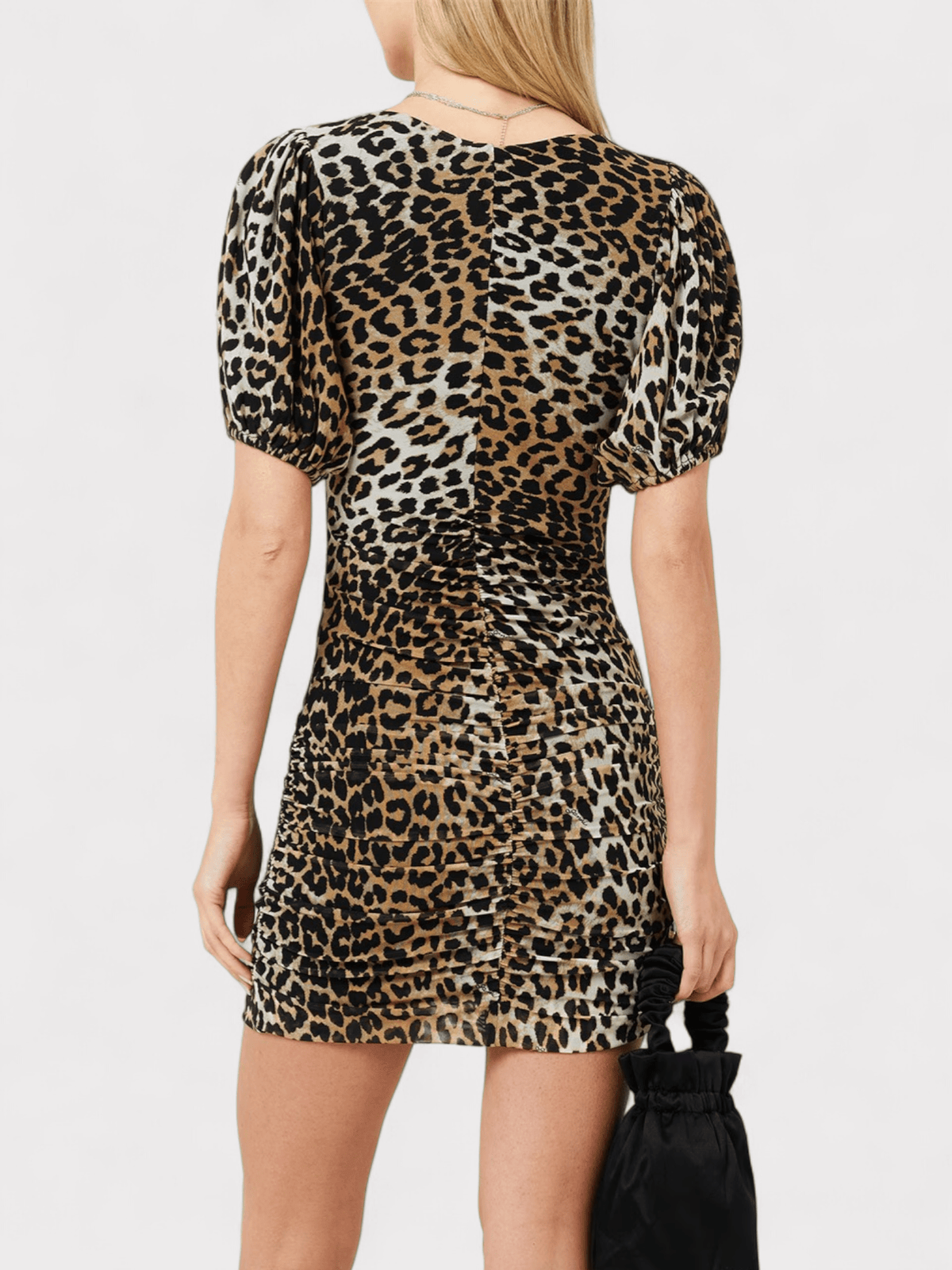 Mini šaty GANNI z řasené síťoviny s leopardím vzorem