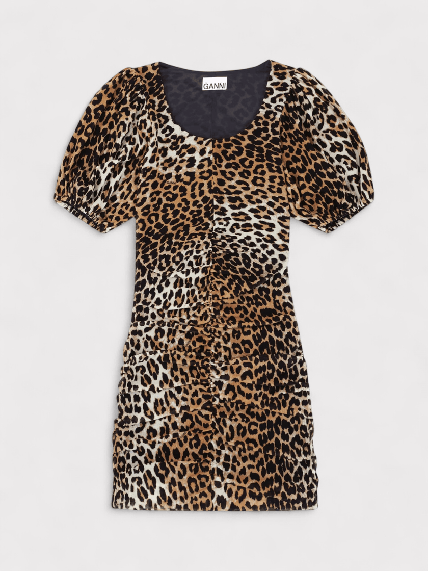 Mini šaty GANNI z řasené síťoviny s leopardím vzorem