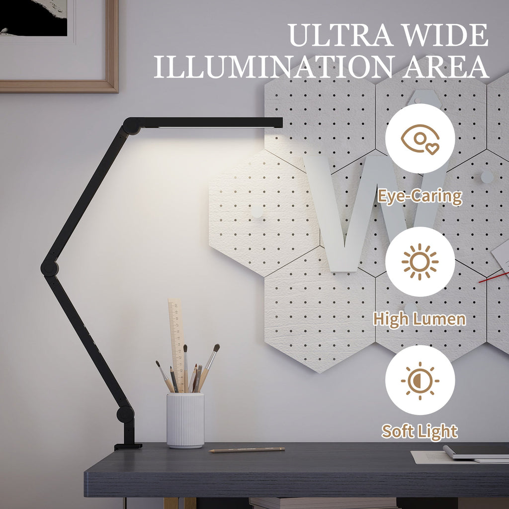 HOMCOM LED Desk Lamp, Dimmable Desk Light with Swing Arm and Clamp, Adjustable Eye-Caring Table Lamp with 2 Colour Modes & 5 Brightness Levels for Study, Drawing, Office, Architect, Task, Black