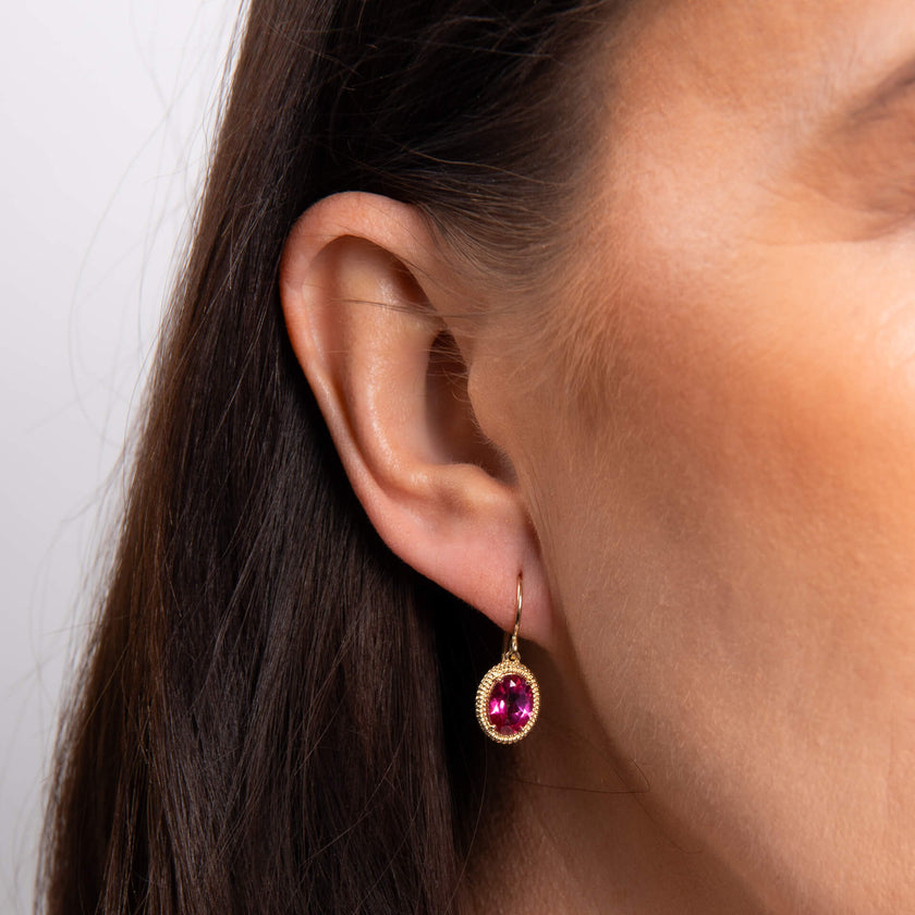 Elements Gold Oval Cut Pink Topaz Drop Earrings