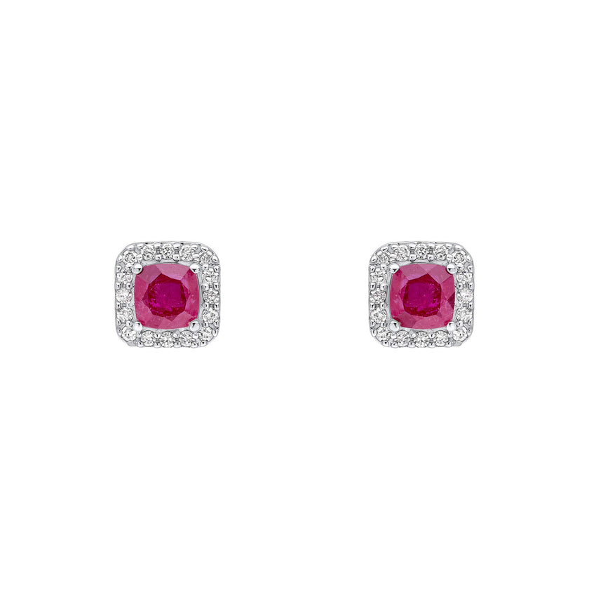 Elements Gold Cushion Cut Ruby with Diamond Halo Stud Earrings