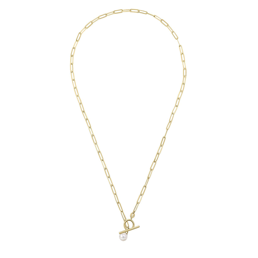Elements Gold T-Bar Chain Necklace with Freshwater Pearl Charm