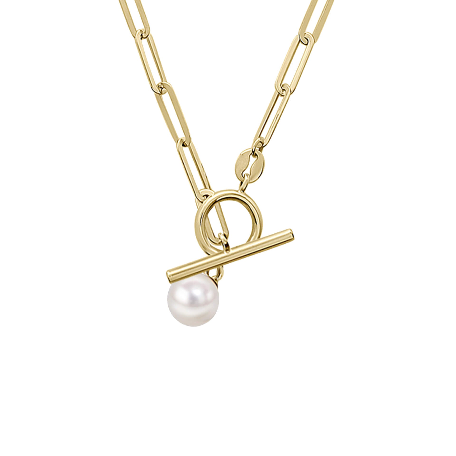 Elements Gold T-Bar Chain Necklace with Freshwater Pearl Charm