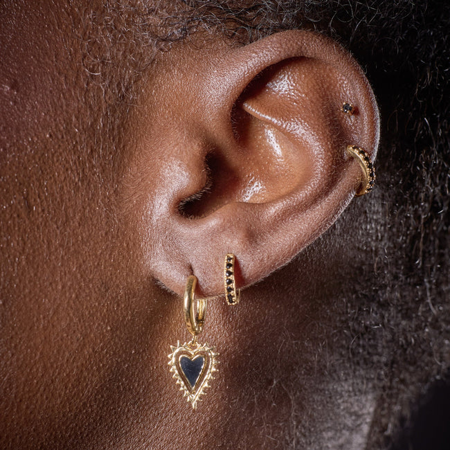 Gold Black Heart Charm Hoop Earrings