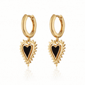 Gold Black Heart Charm Hoop Earrings