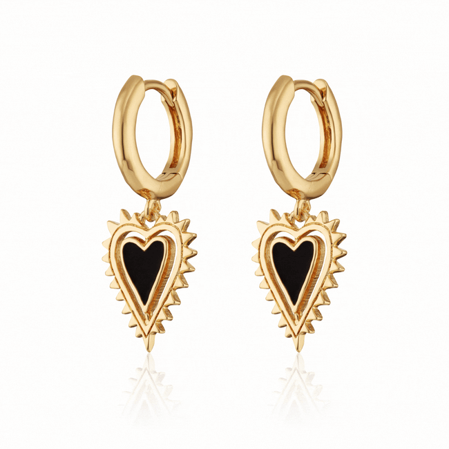 Gold Black Heart Charm Hoop Earrings