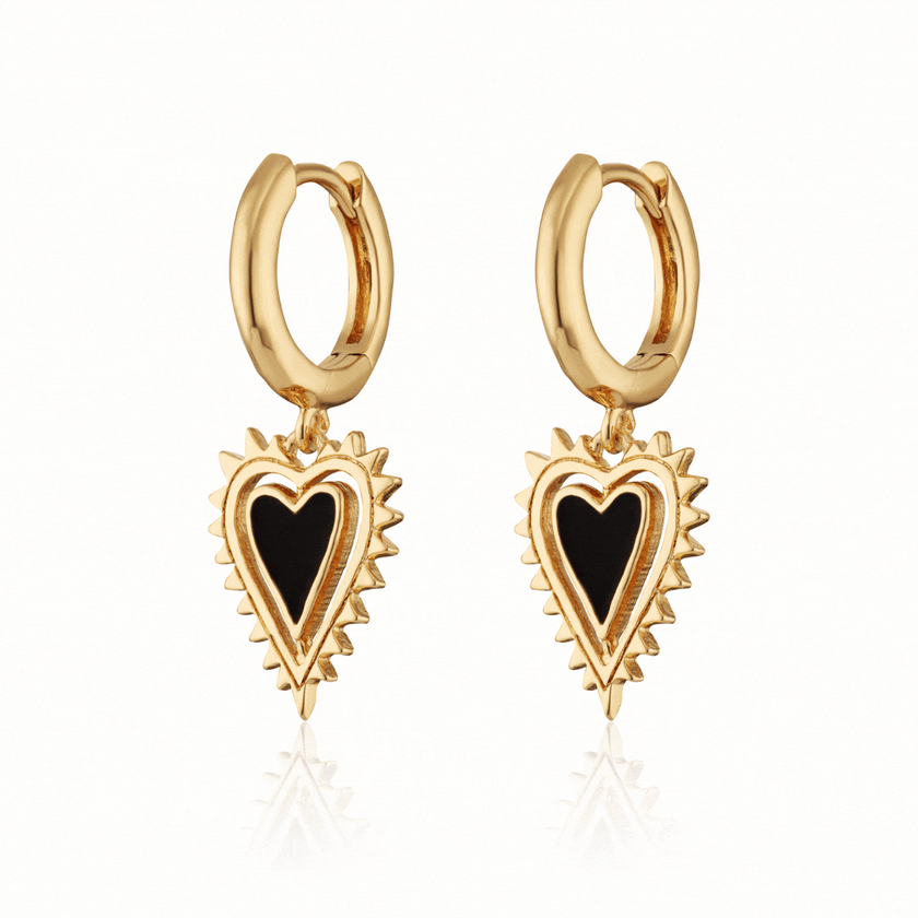 Pendientes de aro con charm de corazón negro y dorado