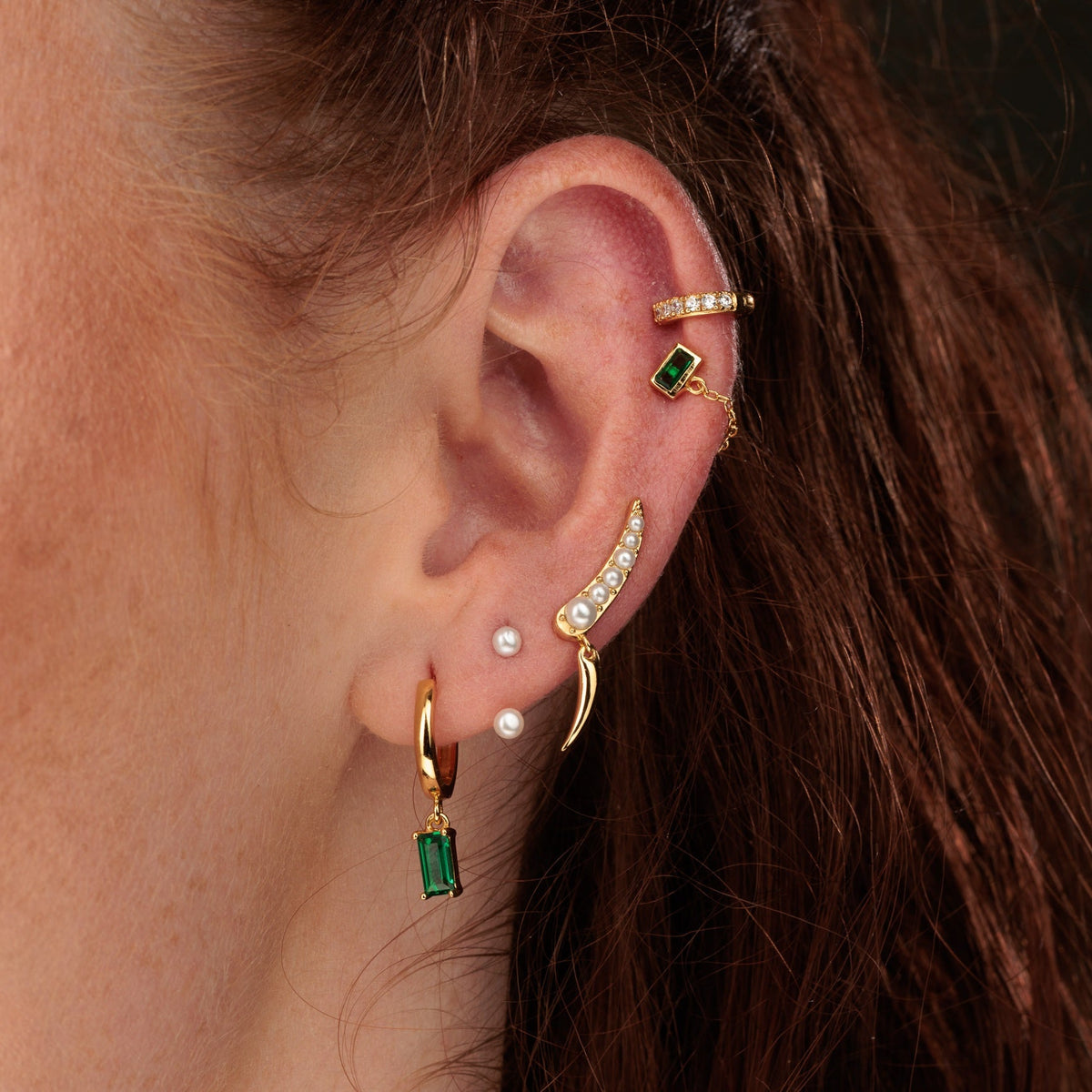 Green Baguette Charm Hoop Earrings