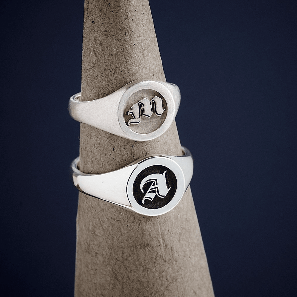 Gothic Initial Round Silver Signet Ring