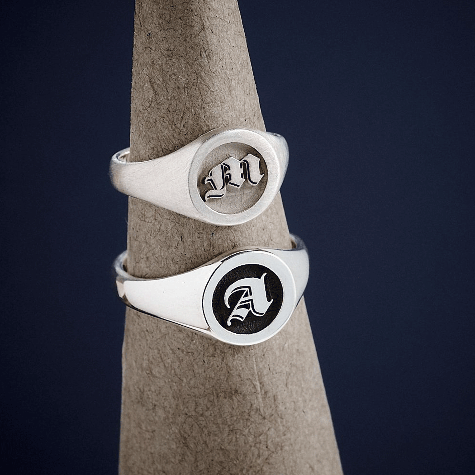 Gothic Initial Round Silver Signet Ring